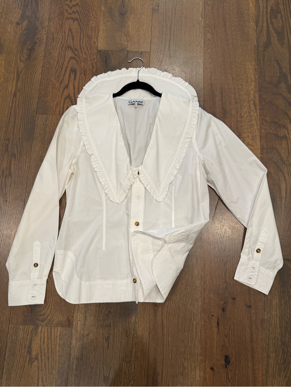 Ganni White ruffle deep V romantic Top with Branded Neck Label